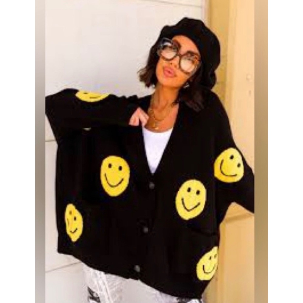 Dresses in LALA Smiley Face Oversized Cardigan Black Yellow Womens 2X/3X Edgy